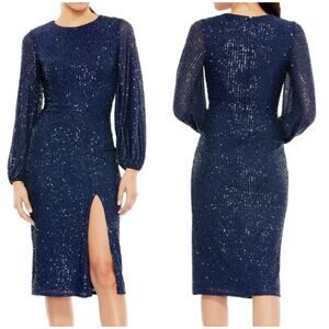 Mac Duggal NWT Long Sleeve Sequin Cocktail Knee Length Dress Midnight Blue Sz 4